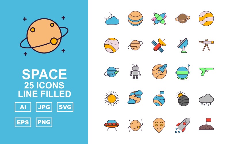 Download Набор иконок "25 Premium Space Line Filled Icon Set" / 25 Premium Space Line Filled Icon Set - Набор иконок на тему weather weather,robot,planet,alien,rocket,mission successful,earth,asteroid,mission accomplished,mercury planet,neptune,space planet,saturn planet,mars,venus,uranus,satellite,antenna,telescope,scapec