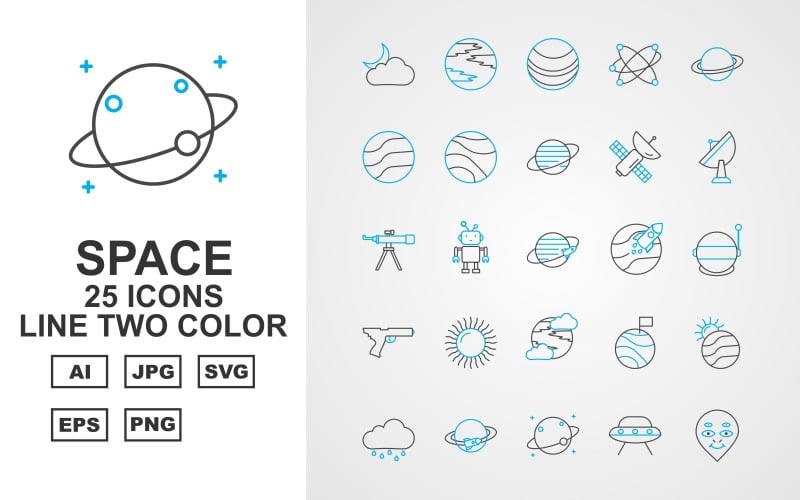 25 Premium Space Line twee kleuren Icon Set