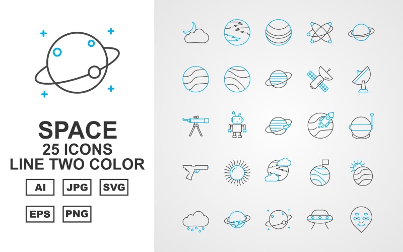 Download Набор иконок "25 Premium Space Line Two Color Icon Set" / 25 Premium Space Line Two Color Icon Set - Набор иконок на тему weather weather,robot,planet,alien,rocket,mission successful,earth,asteroid,mission accomplished,mercury planet,neptune,space planet,saturn planet,mars,venus,uranus,satellite,antenna,telescope,scapec