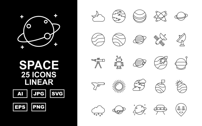 Download Набор иконок "25 Premium Space Linear Icon Set" / 25 Premium Space Linear Icon Set - Набор иконок на тему weather weather,robot,planet,alien,rocket,mission successful,earth,asteroid,mission accomplished,mercury planet,neptune,space planet,saturn planet,mars,venus,uranus,satellite,antenna,telescope,scapec