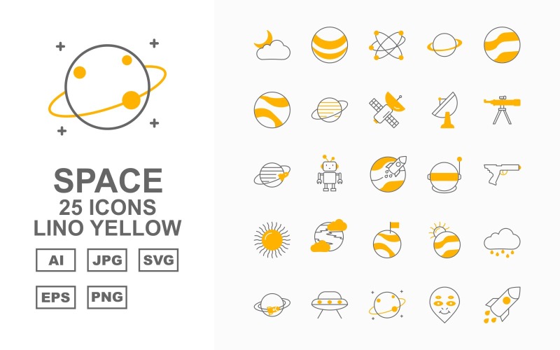 Download Набор иконок "25 Premium Space Lino Yellow Icon Set" / 25 Premium Space Lino Yellow Icon Set - Набор иконок на тему weather weather,robot,planet,alien,rocket,mission successful,earth,asteroid,mission accomplished,mercury planet,neptune,space planet,saturn planet,mars,venus,uranus,satellite,antenna,telescope,scapec