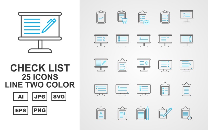 25 Set di icone a due colori della linea di elenco di controllo premium