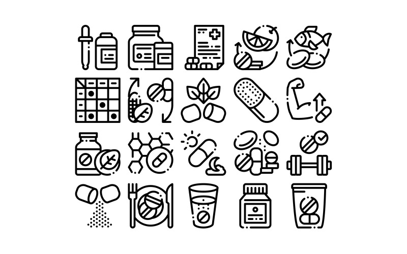 Download Набор иконок "Supplements Collection Elements Set Vector Icon" / Supplements Collection Elements Set Vector Icon - Набор иконок на тему medical supplements,collection,elements,icons,set,vector,thin,line,pills,drugs,plastic,container,dropper,bio,healthcare,concept,linear,pictograms,monochrome,contour