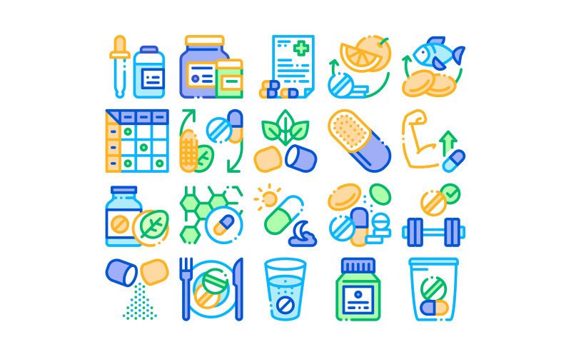 Download Набор иконок "Supplements Collection Elements Set Vector Icon" / Supplements Collection Elements Set Vector Icon - Набор иконок на тему medical supplements,collection,elements,icons,set,vector,thin,line,pills,drugs,plastic,container,dropper,bio,healthcare,concept,linear,pictograms,contour,illustrations