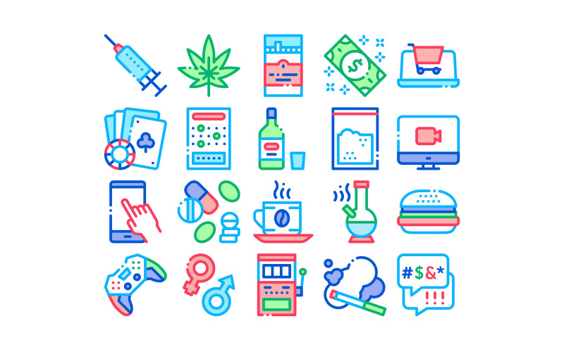 Download Набор иконок "Addiction Bad Habits Collection Set Vector Icon" / Addiction Bad Habits Collection Set Vector Icon - Набор иконок на тему food addiction,bad,habits,collection,icons,set,vector,thin,line,alcohol,drug,shopping,gambling,hemp,smoking,junk,food,concept,linear,pictograms