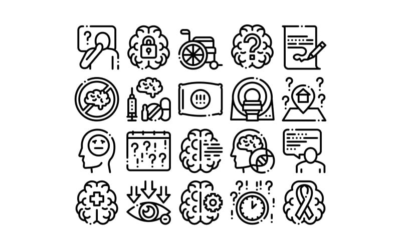 Download Набор иконок "Alzheimers Disease Collection Set Vector Icon" / Alzheimers Disease Collection Set Vector Icon - Набор иконок на тему science alzheimers,disease,collection,icons,set,vector,thin,line,brain,drugs,wheelchair,man,silhouette,illness,concept,linear,pictograms,monochrome,contour,illustrations