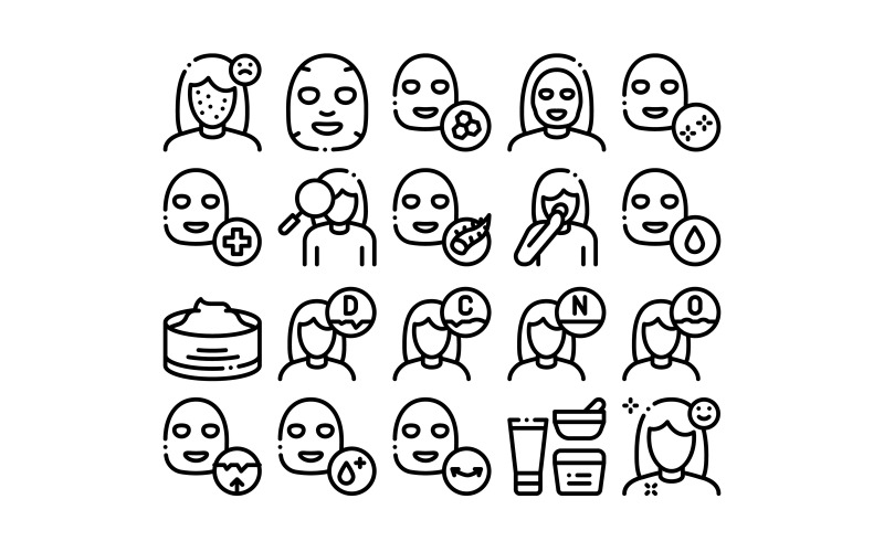 Download Набор иконок "Facial Mask Healthcare Collection Set Vector Icon" / Facial Mask Healthcare Collection Set Vector Icon - Набор иконок на тему beauty facial,mask,healthcare,collection,icons,set,vector,thin,line,container,vitamin,cream,skin,care,gel,woman,silhouette,concept,linear,pictograms