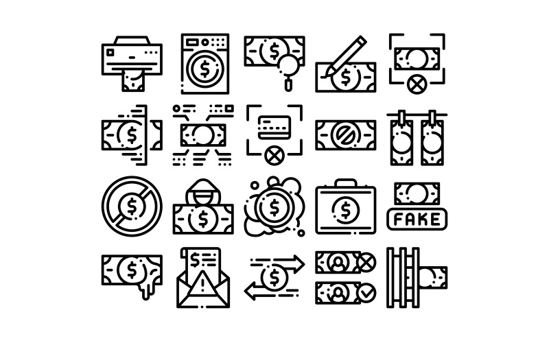 Download Набор иконок "Fake Money Collection Elements Set Vector Icon" / Fake Money Collection Elements Set Vector Icon - Набор иконок на тему финансы fake,money,collection,elements,icons,set,vector,thin,line,bandit,silhouette,pencil,printing,laundering,dollar,concept,linear,pictograms,monochrome,contour