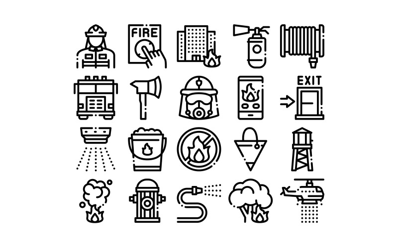 Download Набор иконок "Firefighter Equipment Collection Set Vector Icon" / Firefighter Equipment Collection Set Vector Icon - Набор иконок на тему military firefighter,equipment,collection,icons,set,vector,thin,line,man,silhouette,mask,extinguisher,axe,fire,department,truck,concept,linear,pictograms,monochrome