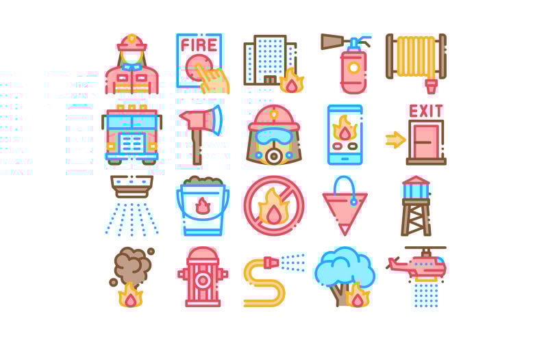 Download Набор иконок "Firefighter Equipment Collection Set Vector Icon" / Firefighter Equipment Collection Set Vector Icon - Набор иконок на тему military firefighter,equipment,collection,icons,set,vector,thin,line,man,silhouette,mask,extinguisher,axe,fire,department,truck,concept,linear,pictograms,contour