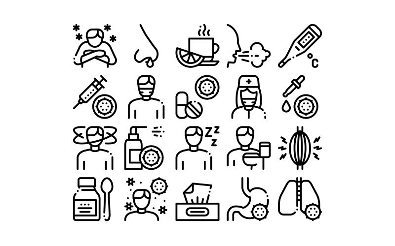 Download Набор иконок "Flu Symptoms Medical Collection Set Vector Icon" / Flu Symptoms Medical Collection Set Vector Icon - Набор иконок на тему medical flu,symptoms,medical,collection,icons,set,vector,thin,line,chills,fever,cough,runny,nose,virus,lungs,stomach,concept,linear,pictograms