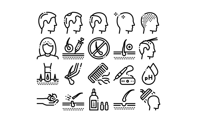 Download Набор иконок "Hair Transplantation Collection Set Vector Icon" / Hair Transplantation Collection Set Vector Icon - Набор иконок на тему medical hair,transplantation,collection,icons,set,vector,thin,line,balding,baldness,shampoo,medicine,bottle,concept,linear,pictograms,monochrome,contour,illustrations,signs