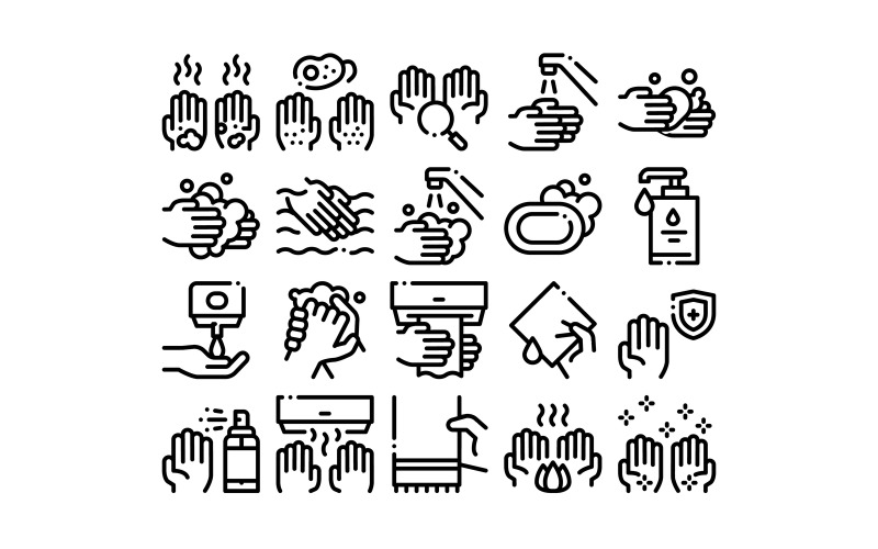 Download Набор иконок "Hand Healthy Hygiene Collection Set Vector Icon" / Hand Healthy Hygiene Collection Set Vector Icon - Набор иконок на тему medical hand,healthy,hygiene,collection,icons,set,vector,thin,line,protection,washing,anti,bacterial,soap,foam,paper,concept,linear,pictograms,monochrome