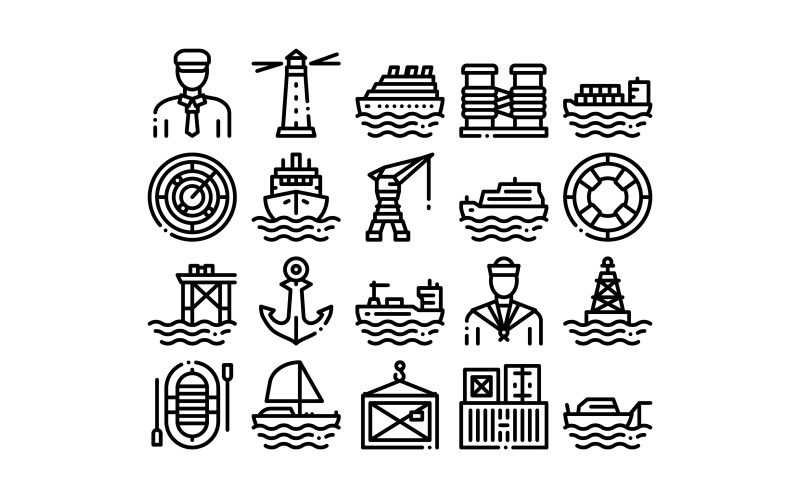 Download Набор иконок "Marine Port Transport Collection Set Vector Icon" / Marine Port Transport Collection Set Vector Icon - Набор иконок на тему transport marine,port,transport,collection,icons,set,vector,thin,line,dock,harbor,lighthouse,anchor,captain,sailor,crane,ship,concept,linear,pictograms