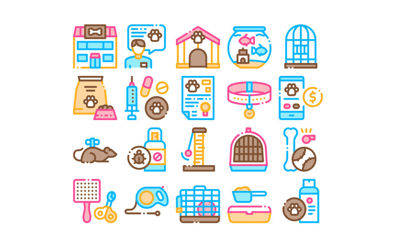 Download Набор иконок "Pet Shop Collection Elements Set Vector Icon" / Pet Shop Collection Elements Set Vector Icon - Набор иконок на тему medical pet,shop,collection,elements,icons,set,vector,thin,line,building,aquarium,bowl,collar,gaming,accessory,medicaments,concept,linear,pictograms,contour