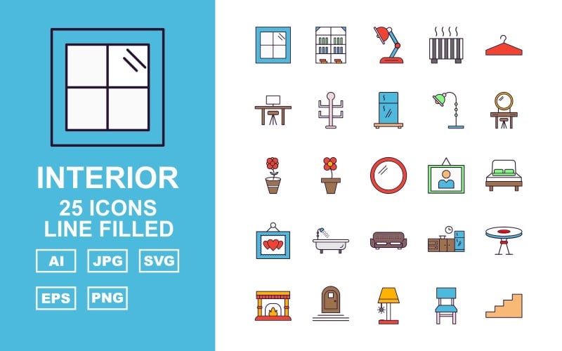 Download Набор иконок "25 Premium Interior Line Filled Pack Icon Set" / 25 Premium Interior Line Filled Pack Icon Set - Набор иконок на тему city window,mirror,chair,hanger,wardrobe,door,ottoman,basin,workplace,bookcase,lamp,heater,rack,fridge,dressing table,flower,sun flower,frame,bed,sofa