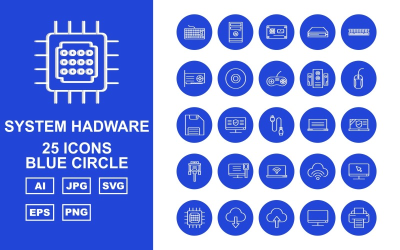 Download Набор иконок "25 Premium System Hadware Blue Circle Icon Set" / 25 Premium System Hadware Blue Circle Icon Set - Набор иконок на тему data key board,moues,chip,lcd,printer,usb,camera,case fan,pc,socket,dvdoom,am,disk,cdoom,cd,controller,speaker,data cable,floppy,laptop