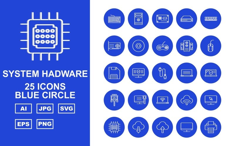 25 Premium System Hadware Blue Circle Ikonuppsättning