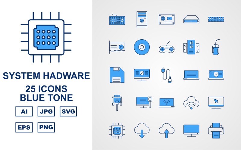 Download Набор иконок "25 Premium System Hadware Blue Tone Icon Set" / 25 Premium System Hadware Blue Tone Icon Set - Набор иконок на тему data key board,moues,chip,lcd,printer,usb,camera,case fan,pc,socket,dvdoom,am,disk,cdoom,cd,controller,speaker,data cable,floppy,laptop