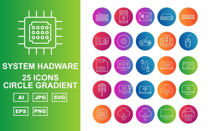 Download Набор иконок "25 Premium System Hadware Circle Gradient Icon Set" / 25 Premium System Hadware Circle Gradient Icon Set - Набор иконок на тему data key board,moues,chip,lcd,printer,usb,camera,case fan,pc,socket,dvdoom,am,disk,cdoom,cd,controller,speaker,data cable,floppy,laptop