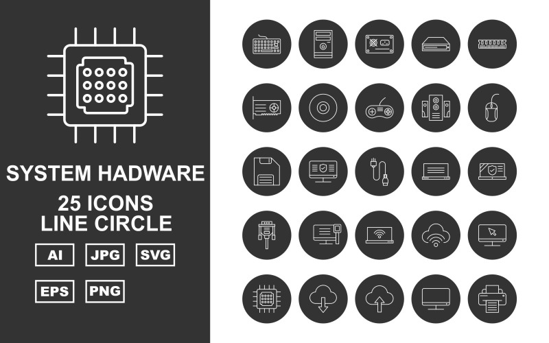 Download Набор иконок "25 Premium System Hadware Line Circle Icon Set" / 25 Premium System Hadware Line Circle Icon Set - Набор иконок на тему data key board,moues,chip,lcd,printer,usb,camera,case fan,pc,socket,dvdoom,am,disk,cdoom,cd,controller,speaker,data cable,floppy,laptop