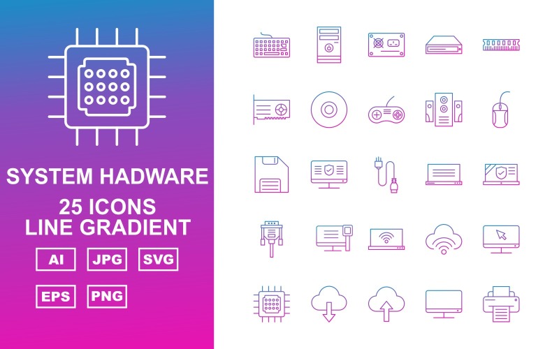 Download Набор иконок "25 Premium System Hadware Line Gradient Icon Set" / 25 Premium System Hadware Line Gradient Icon Set - Набор иконок на тему data key board,moues,chip,lcd,printer,usb,camera,case fan,pc,socket,dvdoom,am,disk,cdoom,cd,controller,speaker,data cable,floppy,laptop