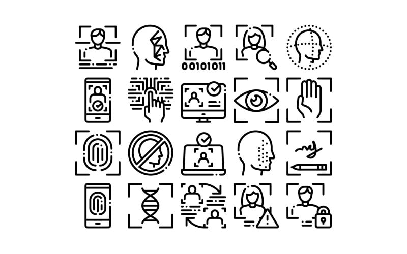 Download Набор иконок "Recognition Collection Elements Set Vector Icon" / Recognition Collection Elements Set Vector Icon - Набор иконок на тему people recognition,collection,elements,icons,set,vector,thin,line,eye,scanning,biometric,face,id,systems,human,silhouette,concept,linear,pictograms,monochrome