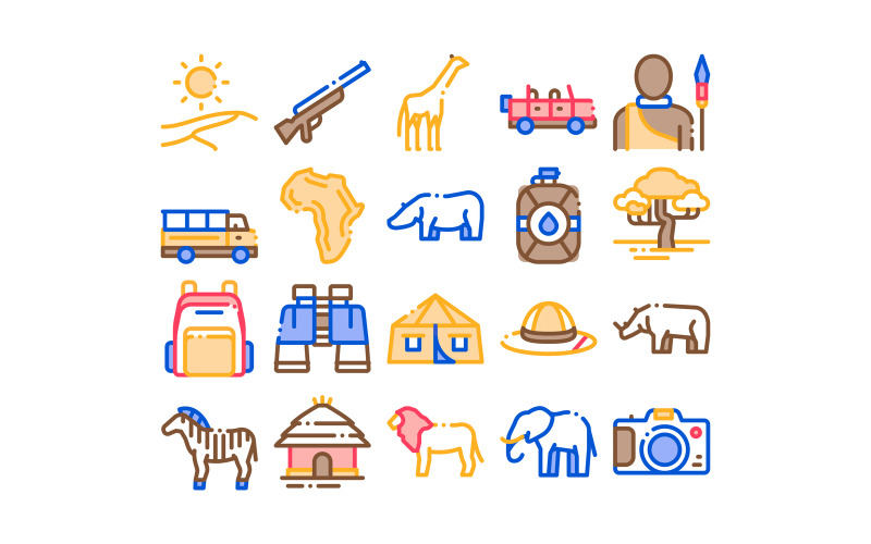 Download Набор иконок "Safari Travel Collection Elements Set Vector Icon" / Safari Travel Collection Elements Set Vector Icon - Набор иконок на тему people safari,travel,collection,elements,icons,set,vector,thin,line,animal,africa,car,tree,human,silhouette,hat,adventure,concept,linear,pictograms