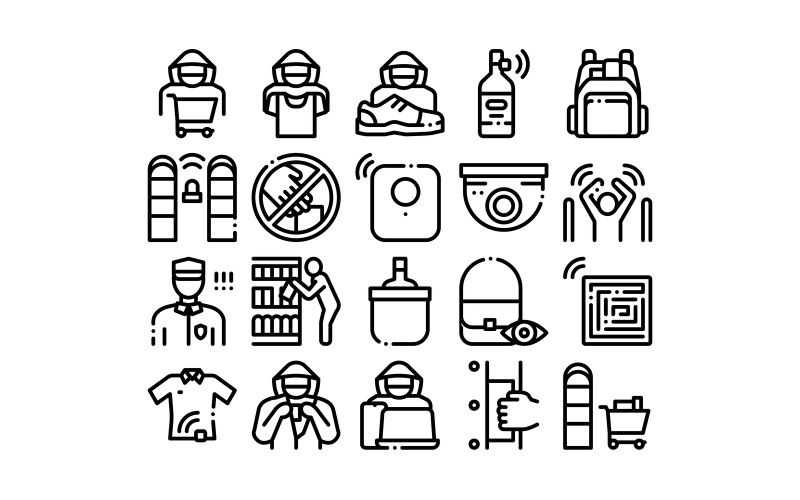 Download Набор иконок "Shoplifting Collection Elements Set Vector Icon" / Shoplifting Collection Elements Set Vector Icon - Набор иконок на тему people shoplifting,collection,elements,icons,set,camera,security,human,shoplifter,silhouette,concept,linear,pictograms,monochrome,contour,illustrations