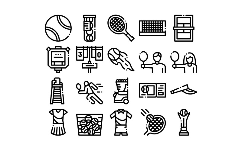 Download Набор иконок "Tennis Game Equipment Collection Set Vector Icon" / Tennis Game Equipment Collection Set Vector Icon - Набор иконок на тему game tennis,game,equipment,collection,icons,set,vector,thin,line,racket,field,cup,tracksuit,ball,basket,player,concept,linear,pictograms,monochrome