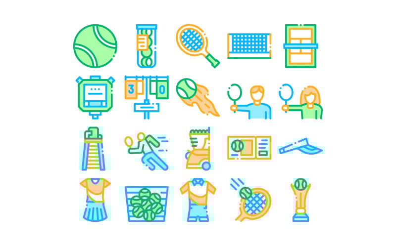Download Набор иконок "Tennis Game Equipment Collection Set Vector Icon" / Tennis Game Equipment Collection Set Vector Icon - Набор иконок на тему game tennis,game,equipment,collection,icons,set,vector,thin,line,racket,field,cup,tracksuit,ball,basket,player,concept,linear,pictograms,contour