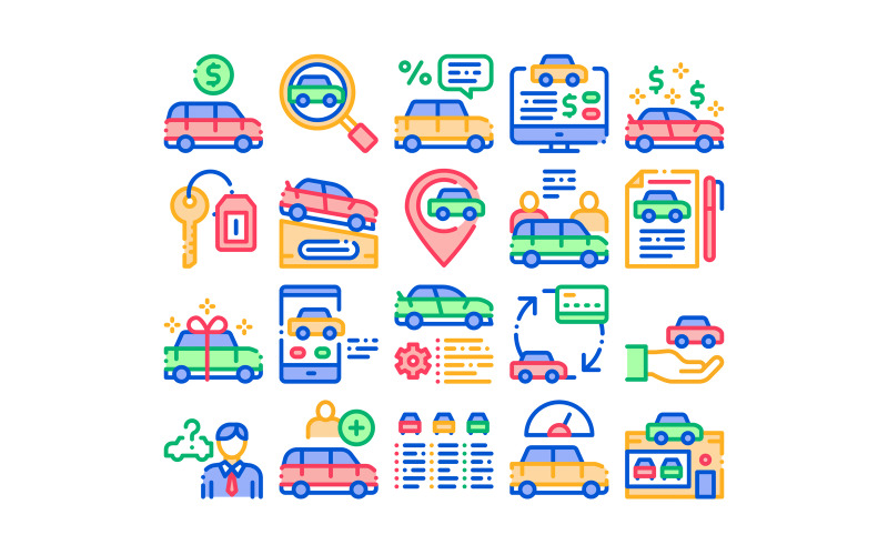 Bilhandlare Shop Collection Set Vector Icon