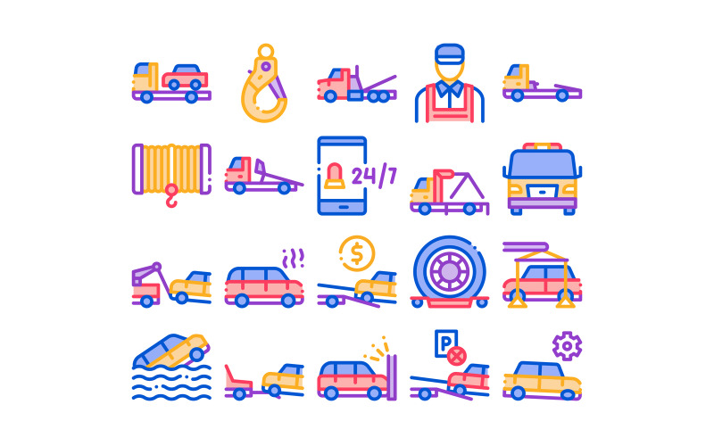 Bogsering Truck Transport Collection Set Vector Icon