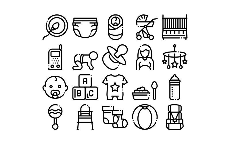 Conjunto de colección de ropa y herramientas de bebé Vector icono