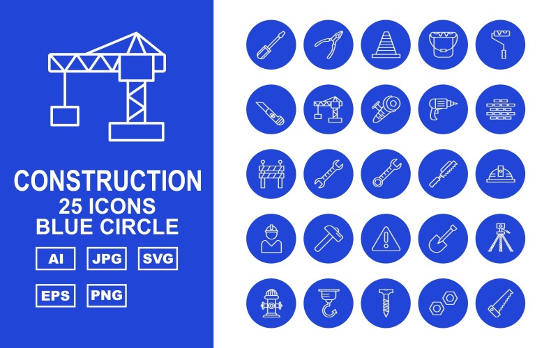 Conjunto de ícones do pacote de 25 círculos azuis de construção premium