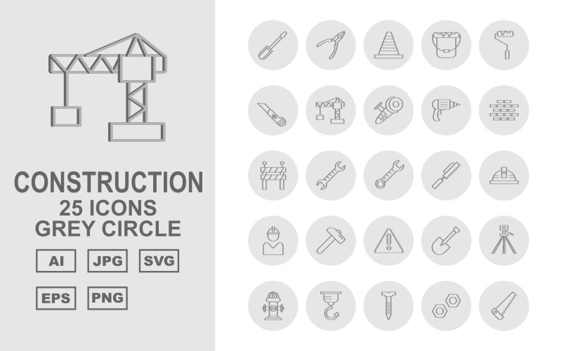 Ensemble d'icônes de 25 pack cercle gris de construction premium