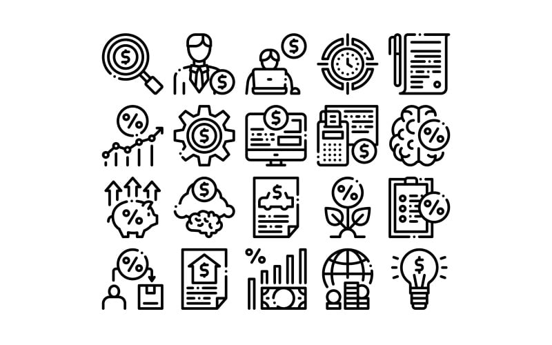 Download Набор иконок "Investor Financial Collection Set Vector Icon" / Investor Financial Collection Set Vector Icon - Набор иконок на тему финансы investor,financial,collection,icons,set,vector,thin,line,money,dollar,lightbulb,brain,percentage,mark,document,concept,linear,pictograms,monochrome,contour