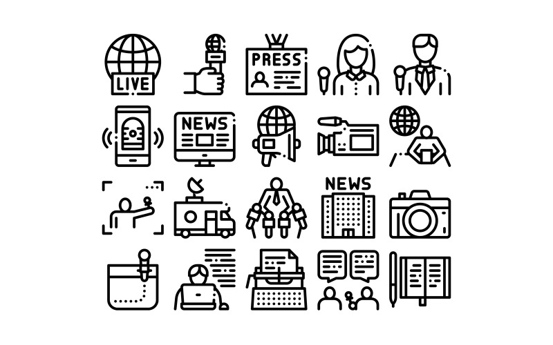 Download Набор иконок "Journalist Reporter Collection Set Vector Icon" / Journalist Reporter Collection Set Vector Icon - Набор иконок на тему text journalist,reporter,collection,icons,set,vector,thin,line,hand,microphone,video,photo,camera,press,live,news,concept,linear,pictograms,monochrome