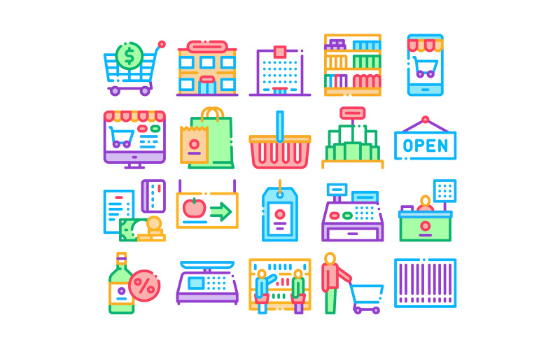 Livsmedelsbutik Shopping Collection Set Vector Icon
