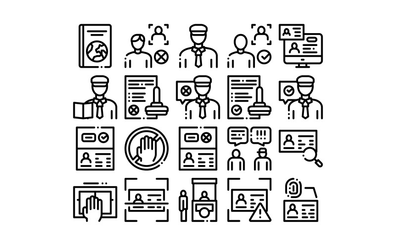 Download Набор иконок "Passport Control Check Collection Set Vector Icon" / Passport Control Check Collection Set Vector Icon - Набор иконок на тему business passport,control,check,collection,icons,set,vector,thin,line,scanning,stamp,policeman,book,fingerprint,document,concept,linear,pictograms,monochrome,contour