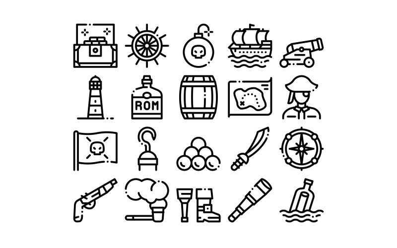 Download Набор иконок "Pirate Sea Bandit Tool Collection Set Vector Icon" / Pirate Sea Bandit Tool Collection Set Vector Icon - Набор иконок на тему military pirate,sea,bandit,tool,collection,icons,set,vector,thin,line,saber,spyglass,steering,wheel,crossed,bones,skull,flag,concept,linear