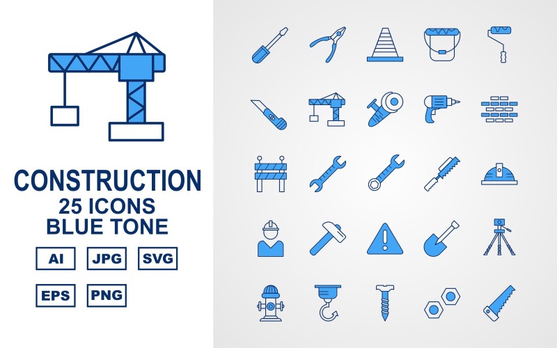 Download Набор иконок "25 Premium Construction Blue Tone Pack Icon Set" / 25 Premium Construction Blue Tone Pack Icon Set - Набор иконок на тему industrial screwdrive,spanner,shovel,geodesy,hydrant,hook,screw,bolt,saw,pliers,cone,bucket,roller,cutter,crane,grinding,drill,brick,road barrier,wrench