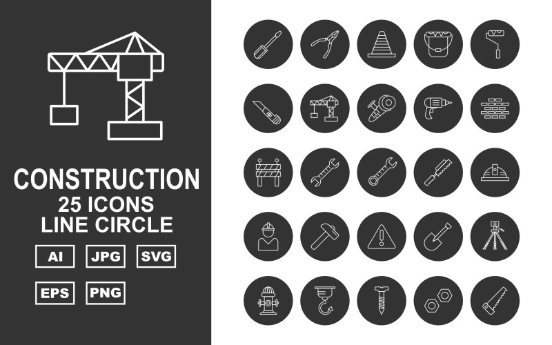 Download Набор иконок "25 Premium Construction Line Circle Pack Icon Set" / 25 Premium Construction Line Circle Pack Icon Set - Набор иконок на тему industrial screwdrive,spanner,shovel,geodesy,hydrant,hook,screw,bolt,saw,pliers,cone,bucket,roller,cutter,crane,grinding,drill,brick,road barrier,wrench