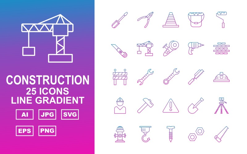 Download Набор иконок "25 Premium Construction Line Gradient Pack Icon Set" / 25 Premium Construction Line Gradient Pack Icon Set - Набор иконок на тему industrial screwdrive,spanner,shovel,geodesy,hydrant,hook,screw,bolt,saw,pliers,cone,bucket,roller,cutter,crane,grinding,drill,brick,road barrier,wrench