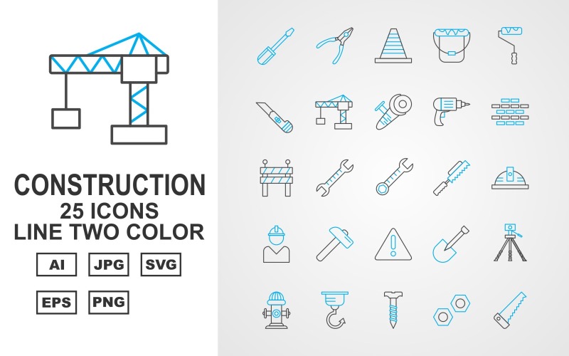 Download Набор иконок "25 Premium Construction Line Two Color Pack Icon Set" / 25 Premium Construction Line Two Color Pack Icon Set - Набор иконок на тему industrial screwdrive,spanner,shovel,geodesy,hydrant,hook,screw,bolt,saw,pliers,cone,bucket,roller,cutter,crane,grinding,drill,brick,road barrier,wrench