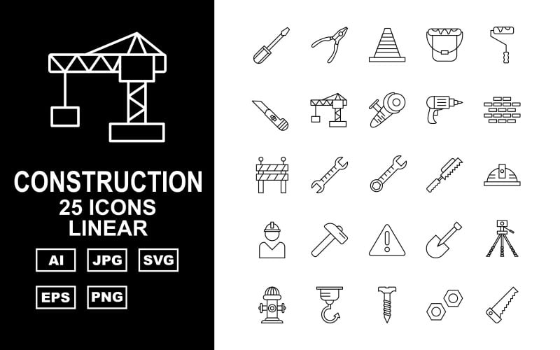 Download Набор иконок "25 Premium Construction Linear Pack Icon Set" / 25 Premium Construction Linear Pack Icon Set - Набор иконок на тему industrial screwdrive,spanner,shovel,geodesy,hydrant,hook,screw,bolt,saw,pliers,cone,bucket,roller,cutter,crane,grinding,drill,brick,road barrier,wrench