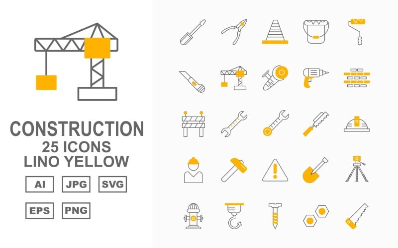 Download Набор иконок "25 Premium Construction Lino Yellow Pack Iconset" / 25 Premium Construction Lino Yellow Pack Iconset - Набор иконок на тему industrial screwdrive,spanner,shovel,geodesy,hydrant,hook,screw,bolt,saw,pliers,cone,bucket,roller,cutter,crane,grinding,drill,brick,road barrier,wrench