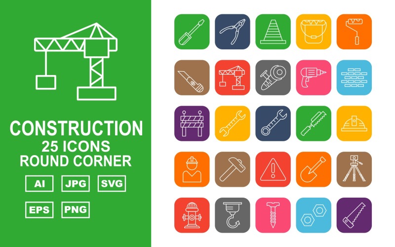 Download Набор иконок "25 Premium Construction Round Corner Pack Icon Set" / 25 Premium Construction Round Corner Pack Icon Set - Набор иконок на тему industrial screwdrive,spanner,shovel,geodesy,hydrant,hook,screw,bolt,saw,pliers,cone,bucket,roller,cutter,crane,grinding,drill,brick,road barrier,wrench