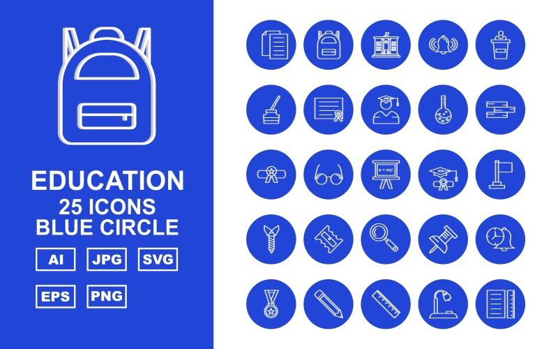 Download Набор иконок "25 Premium Education Blue Circle Pack Icon Set" / 25 Premium Education Blue Circle Pack Icon Set - Набор иконок на тему science document,books,award,lamp,ruler,brain,trophy,clock,bag,school,bell,speech,ink,cap,certificate,thermometer,graduation,flask,degree,glasses