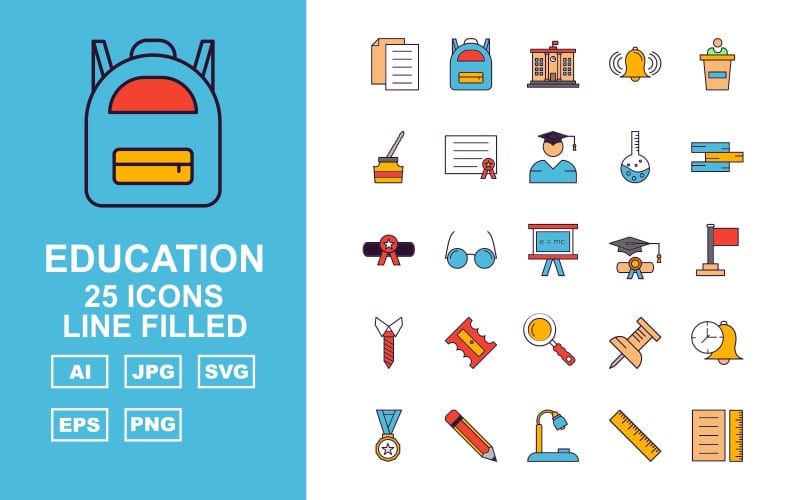Download Набор иконок "25 Premium Education Line Filled Pack Icon Set" / 25 Premium Education Line Filled Pack Icon Set - Набор иконок на тему science document,books,award,lamp,ruler,brain,trophy,clock,bag,school,bell,speech,ink,cap,certificate,thermometer,graduation,flask,degree,glasses